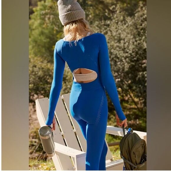 NWT free people movement good karma long sleeve cut out royal blue onesie - Picture 3 of 9